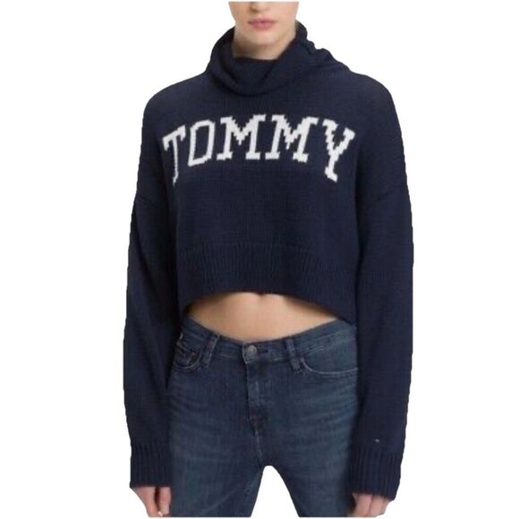 Tommy Hilfiger Navy Blue Knit Cropped Sweater Logo Pullover Size Small - Picture 1 of 8
